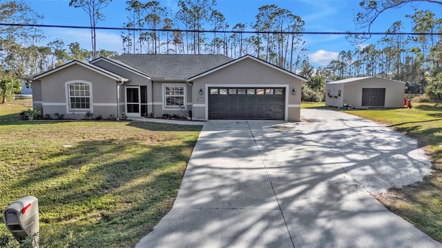 ranch-style home with a garage and a front lawn