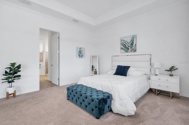 carpeted bedroom with crown molding and a raised ceiling