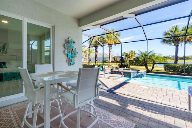 view of patio with a pool with hot tub and glass enclosure