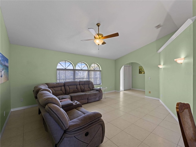 living room featuring ceiling fan and light tile patterned floors