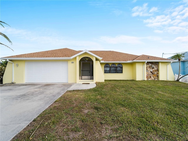 single story home with a garage and a front yard