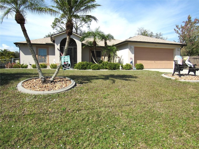 ranch-style house with a garage and a front yard