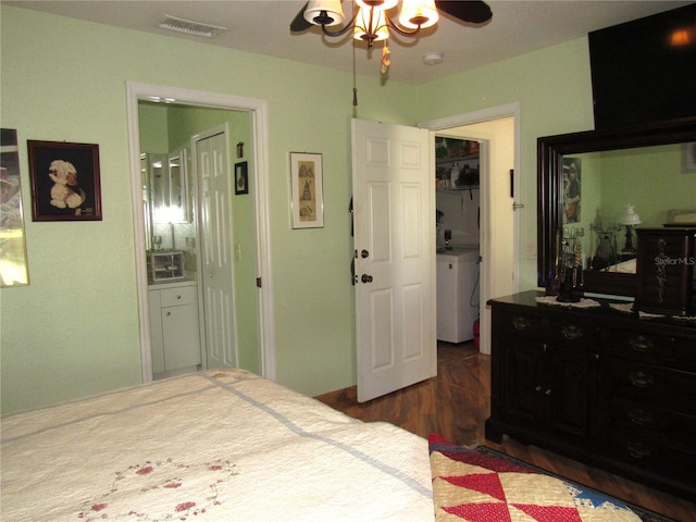 bedroom featuring connected bathroom, washer / dryer, dark hardwood / wood-style floors, and ceiling fan