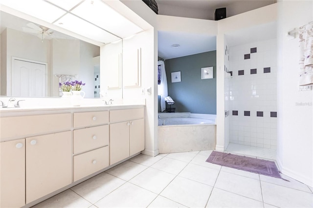 bathroom with tile patterned flooring, vanity, separate shower and tub, and ceiling fan