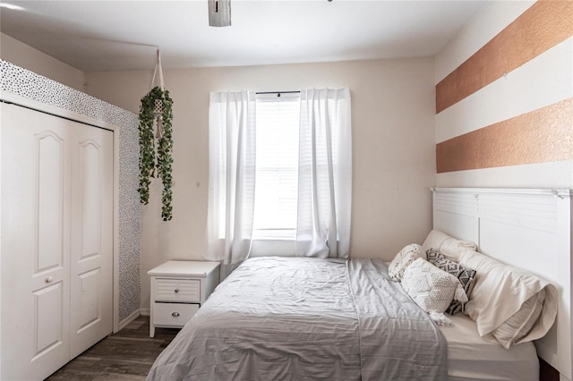 bedroom featuring dark hardwood / wood-style floors and ceiling fan