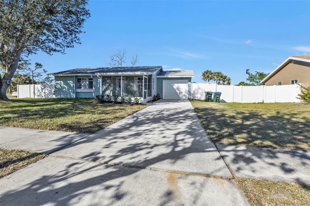 ranch-style house featuring stucco siding, an attached garage, a front yard, fence, and driveway