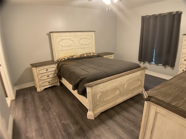 bedroom with dark wood-type flooring and ceiling fan