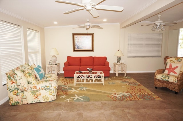 living room featuring tile patterned flooring and crown molding