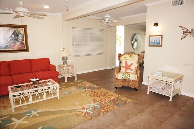 living room with ornamental molding and ceiling fan