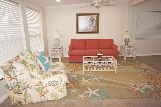 tiled living room featuring crown molding and ceiling fan