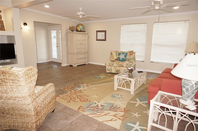 tiled living room featuring ornamental molding and ceiling fan