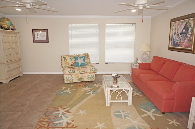 living room featuring crown molding, tile patterned floors, and ceiling fan