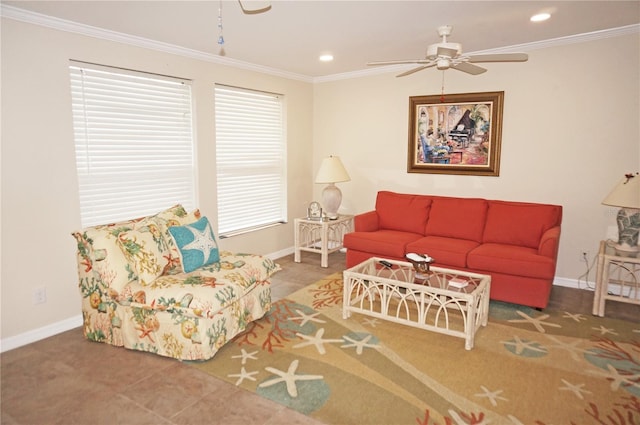 living room featuring ornamental molding and ceiling fan