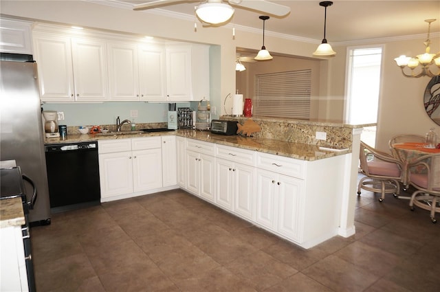 kitchen featuring hanging light fixtures, white cabinetry, black dishwasher, and kitchen peninsula