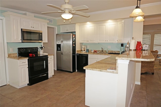 kitchen featuring ornamental molding, decorative light fixtures, kitchen peninsula, and black appliances