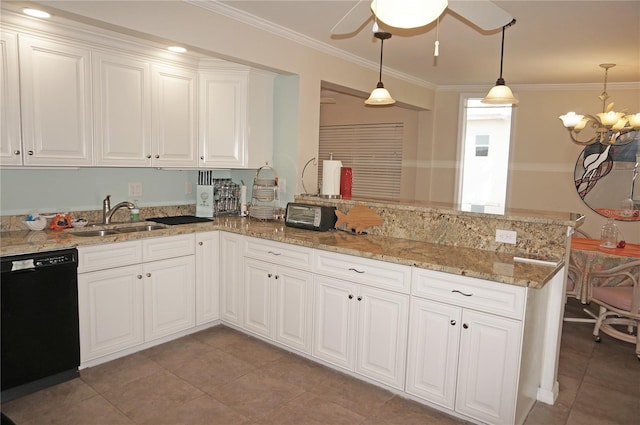 kitchen featuring sink, white cabinetry, hanging light fixtures, black dishwasher, and kitchen peninsula