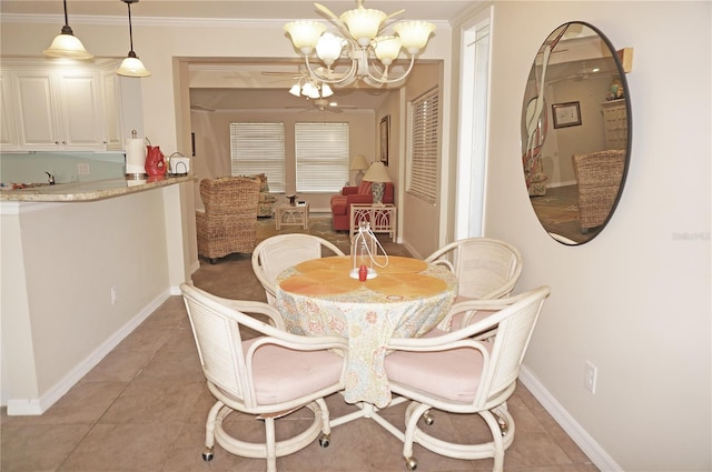 dining space featuring ornamental molding, light tile patterned floors, and a notable chandelier