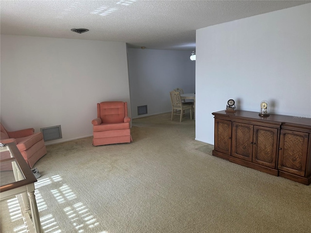 sitting room with light colored carpet and a textured ceiling