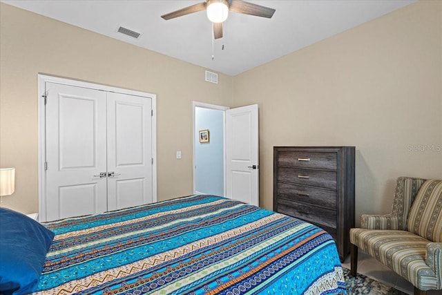 bedroom with ceiling fan and a closet