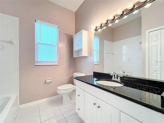 full bathroom featuring vanity, tile patterned floors, toilet, and shower / washtub combination