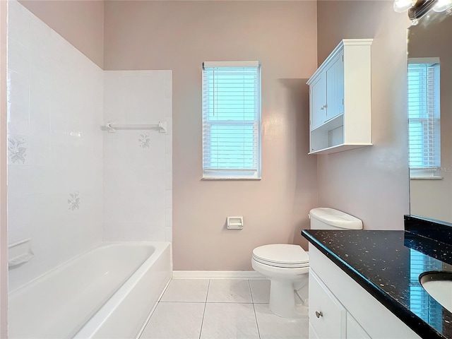 full bathroom featuring shower / bathtub combination, tile patterned floors, toilet, and vanity