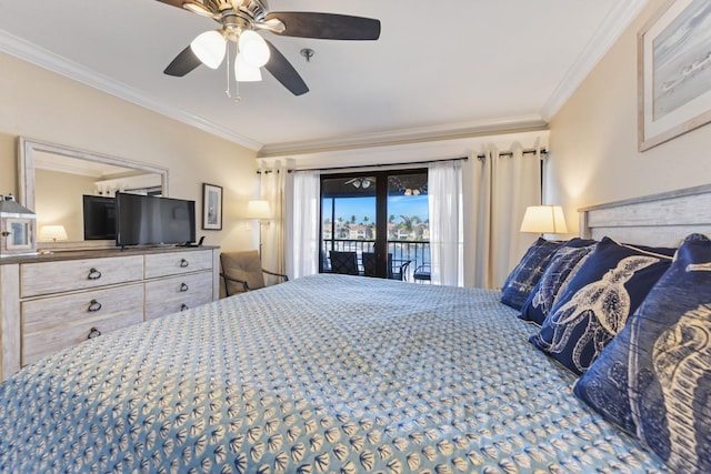 bedroom with crown molding, access to exterior, and ceiling fan