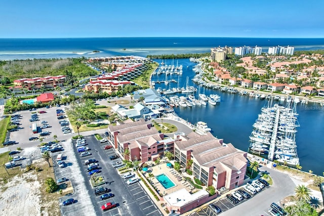 drone / aerial view with a water view