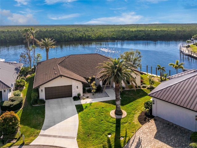 aerial view featuring a water view