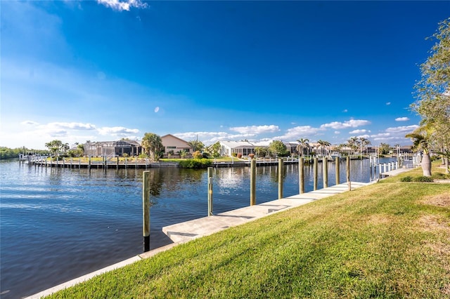 dock area with a water view and a yard