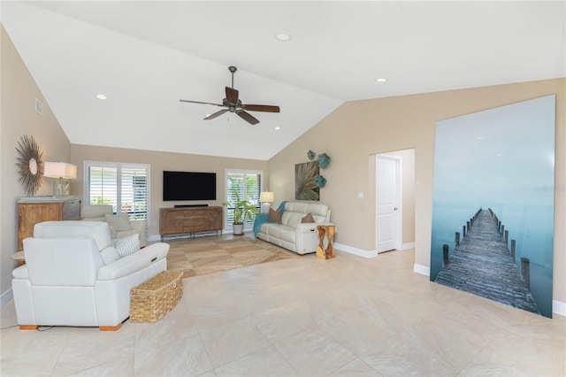 living room featuring vaulted ceiling and ceiling fan