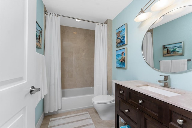 full bathroom with vanity, shower / bathtub combination with curtain, tile patterned floors, and toilet