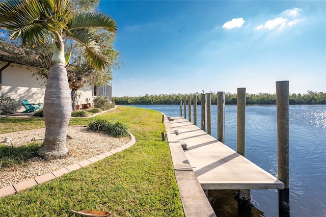 dock area featuring a water view and a lawn