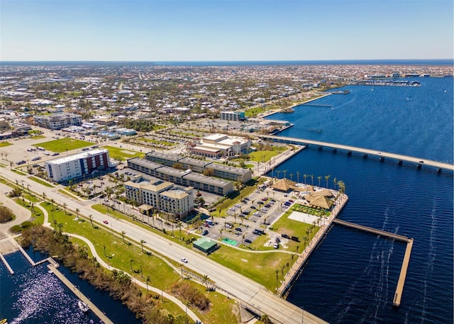 bird's eye view with a water view