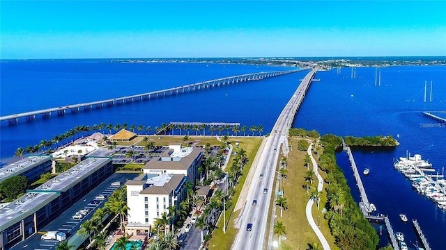 drone / aerial view featuring a water view