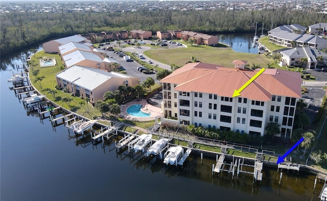 drone / aerial view featuring a water view