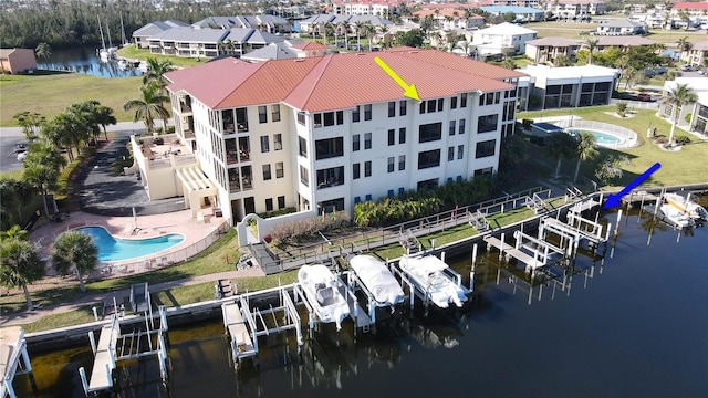 aerial view featuring a water view