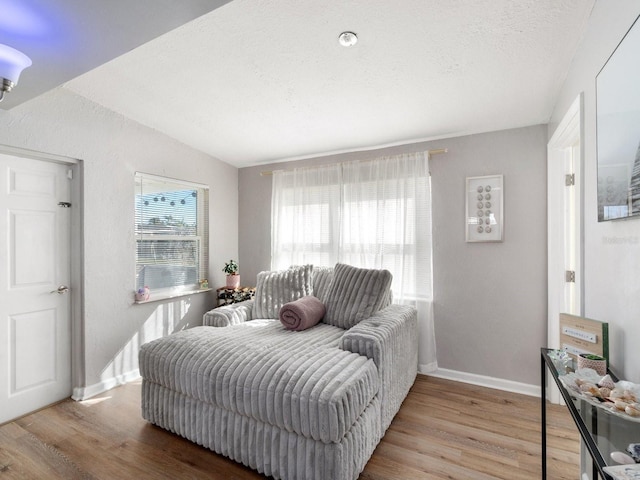 bedroom with vaulted ceiling, a textured ceiling, and light wood-type flooring