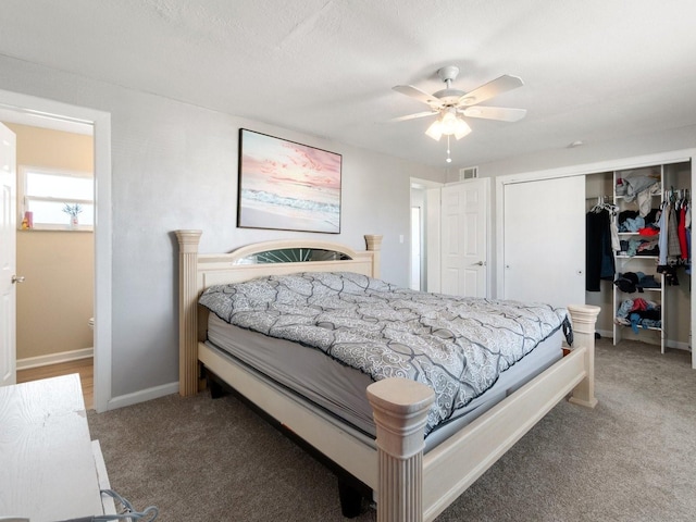 bedroom with carpet floors, a closet, and ceiling fan