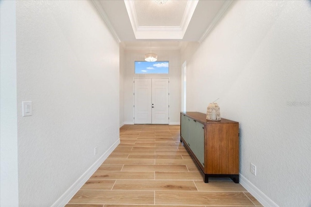 hall with ornamental molding and a tray ceiling