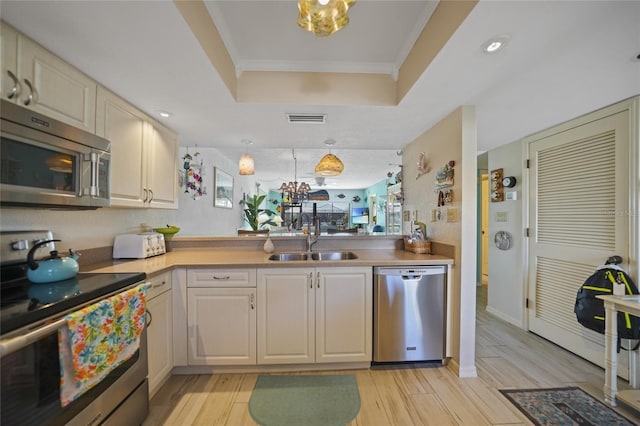 kitchen with sink, stainless steel appliances, a tray ceiling, ornamental molding, and light hardwood / wood-style floors