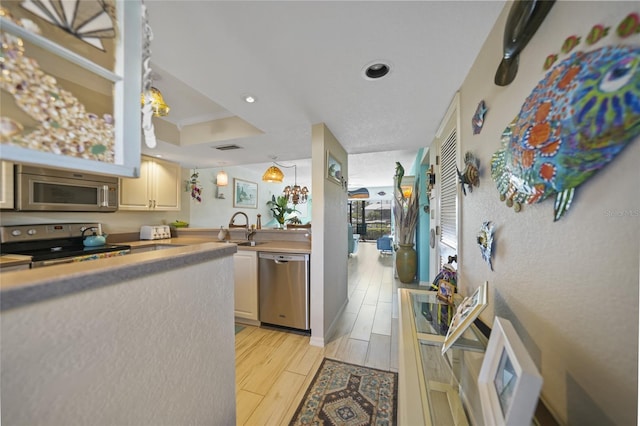 kitchen featuring appliances with stainless steel finishes, a tray ceiling, and sink