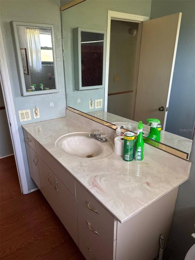 bathroom with hardwood / wood-style flooring and vanity