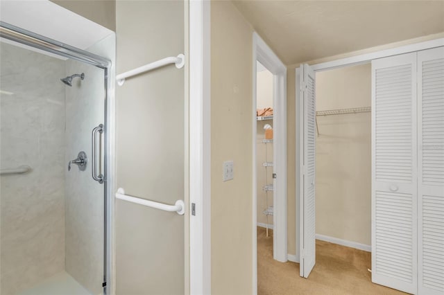 bathroom featuring a shower with shower door