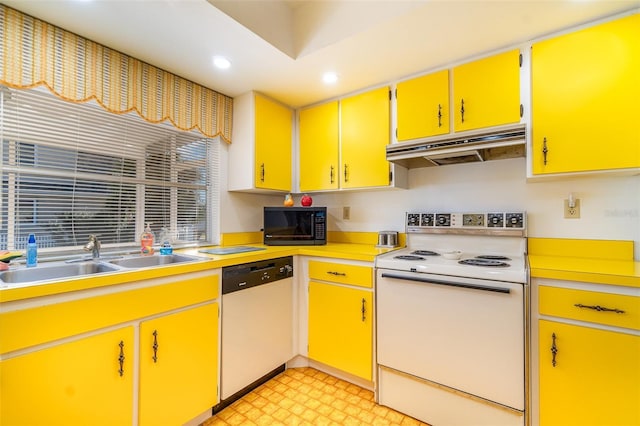 kitchen with dishwasher, white electric stove, and sink