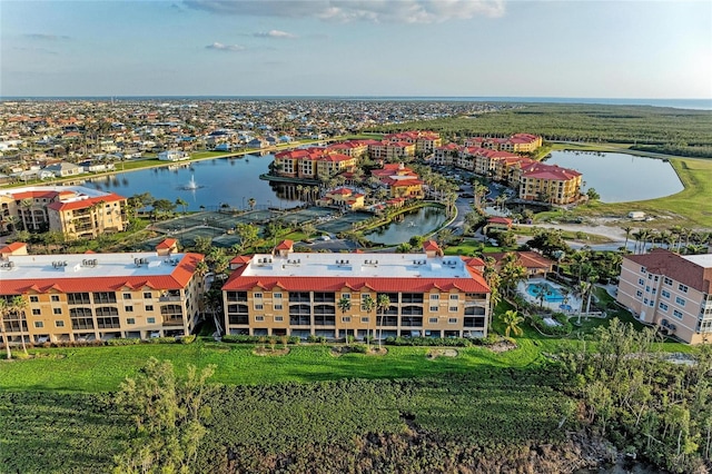 aerial view featuring a water view