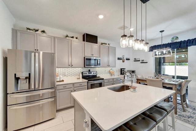 kitchen featuring sink, a center island with sink, appliances with stainless steel finishes, gray cabinets, and pendant lighting