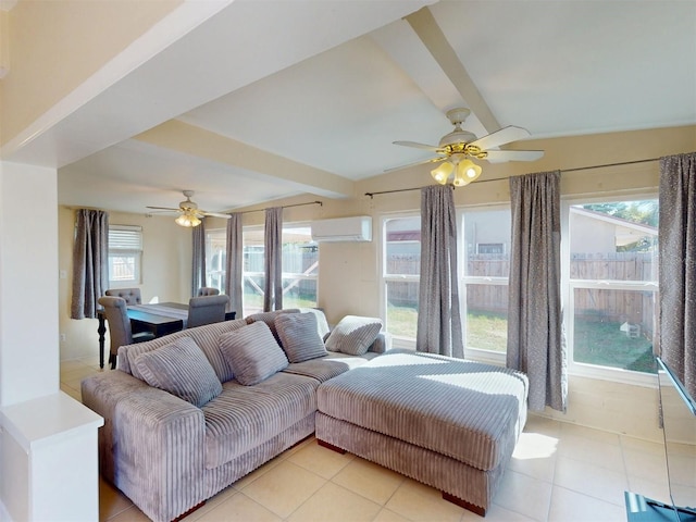 21456 Holdern Ave, Port Charlotte, FL 33952 - tiled living room featuring a wall mounted air conditioner, a wealth of natural light, ceiling fan, and lofted ceiling with beams