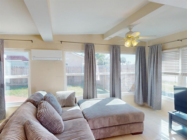 21456 Holdern Ave, Port Charlotte, FL 33952 - living room with an AC wall unit, vaulted ceiling with beams, ceiling fan, and light tile patterned floors