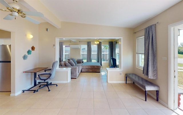 21456 Holdern Ave, Port Charlotte, FL 33952 - living room with a wall mounted AC, lofted ceiling with beams, ceiling fan, and light tile patterned floors