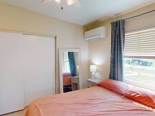 21456 Holdern Ave, Port Charlotte, FL 33952 - bedroom featuring a closet, ceiling fan, vaulted ceiling, and a wall unit AC